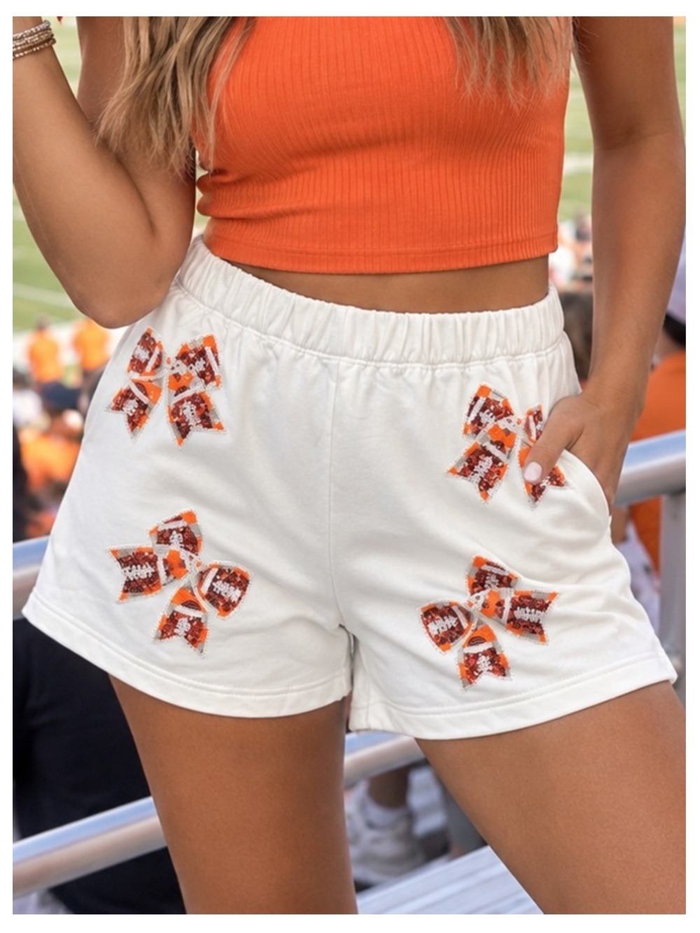 NWT PEACH LOVE Elastic Waist Sequin Football Shorts w/Pockets in White